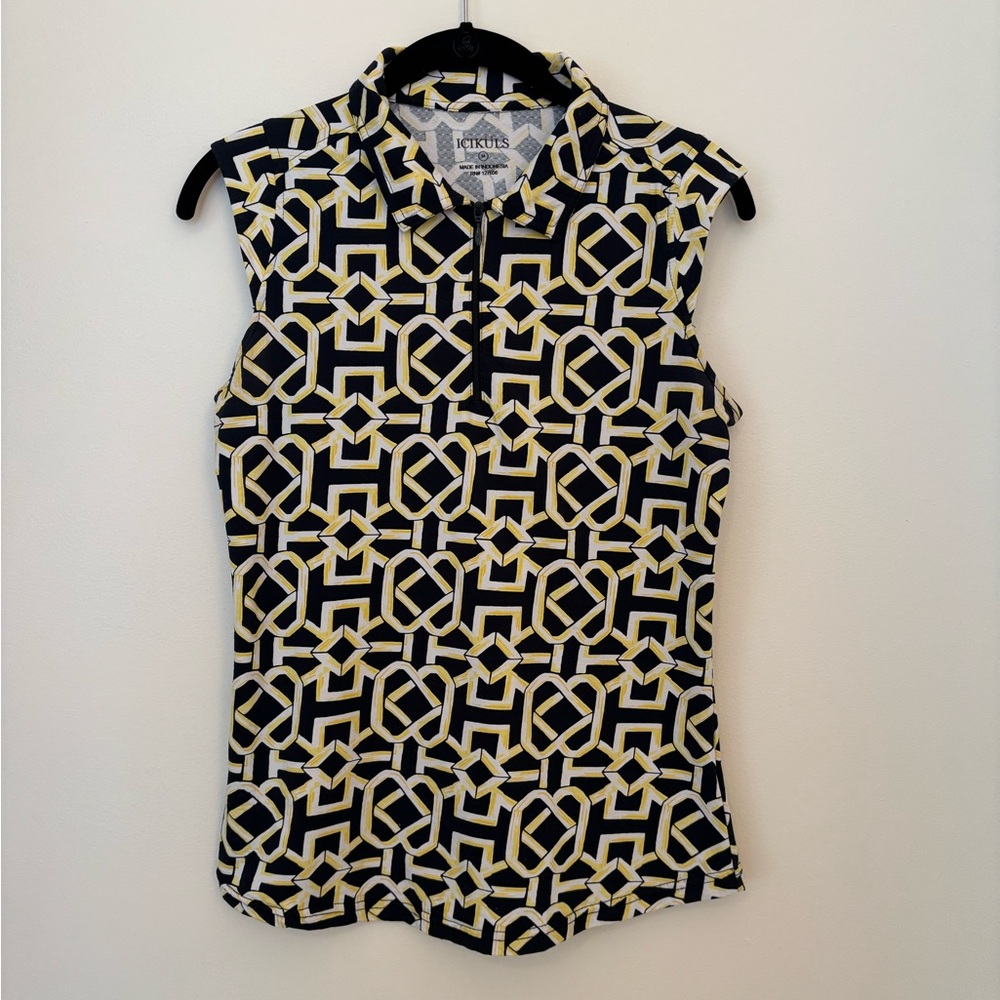 Icikuls Geometric Black & Yellow Sleeveless Polo Tank